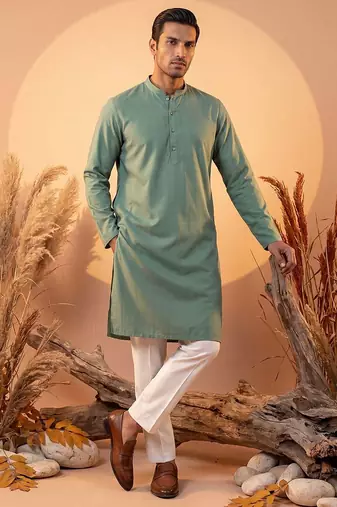 Mens green silk blend solid solid kurta