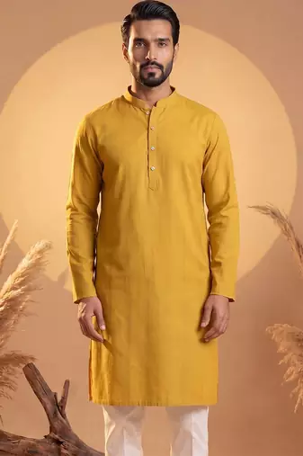 Mens yellow silk blend solid solid kurta