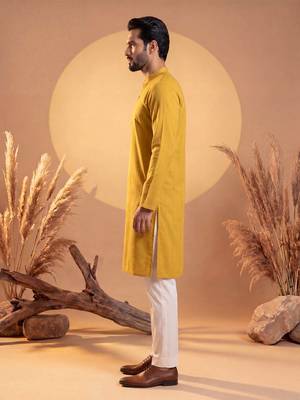 Mens yellow silk blend solid solid kurta 3