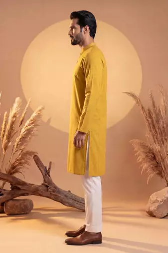 Mens yellow silk blend solid solid kurta