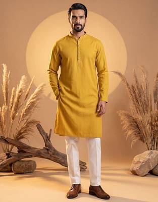 Mens yellow silk blend solid solid kurta 5