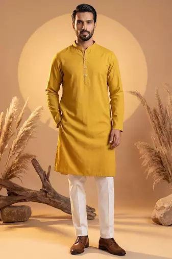Mens yellow silk blend solid solid kurta