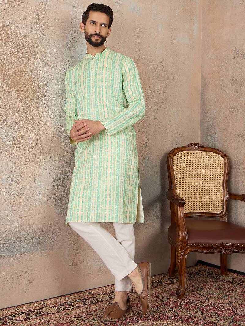 Mens multi silk blend abstract printed kurta