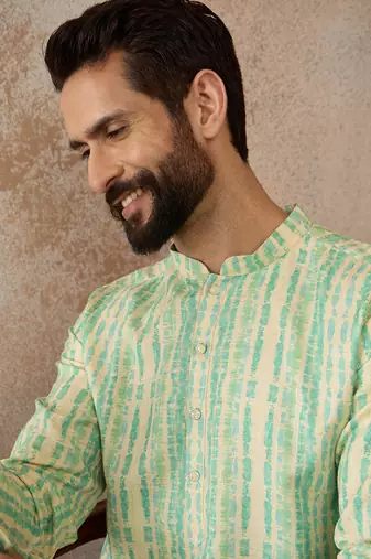 Mens multi silk blend abstract printed kurta