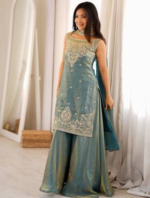 Women's sage green embroidered Silk blend kurta sharara set with dupatta 1