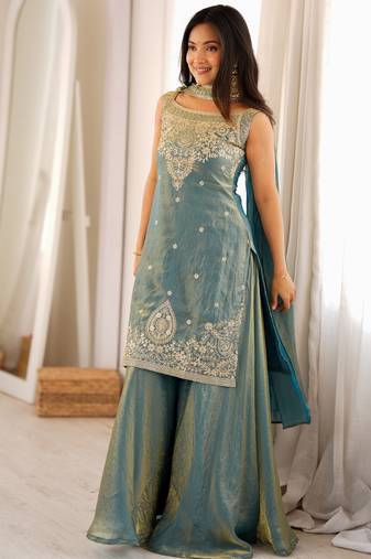 Women's sage green embroidered Silk blend kurta sharara set with dupatta