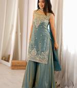 Women's sage green embroidered Silk blend kurta sharara set with dupatta