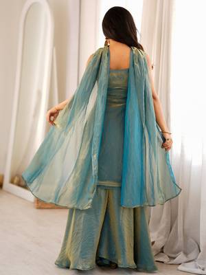 Women's sage green embroidered Silk blend kurta sharara set with dupatta 2