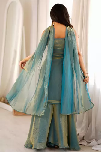 Women's sage green embroidered Silk blend kurta sharara set with dupatta