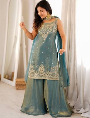 Women's sage green embroidered Silk blend kurta sharara set with dupatta 3