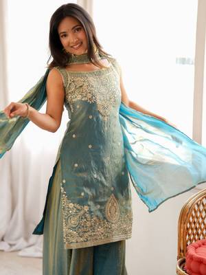 Women's sage green embroidered Silk blend kurta sharara set with dupatta 4