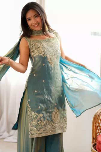 Women's sage green embroidered Silk blend kurta sharara set with dupatta