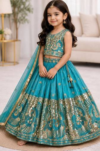 Kids Sky Sindoor Embroidered Lehenga Choli with Dupatta