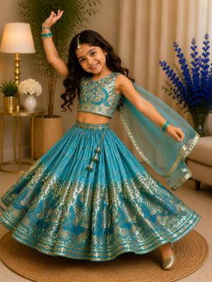 Kids Sky Sindoor Embroidered Lehenga Choli with Dupatta 3