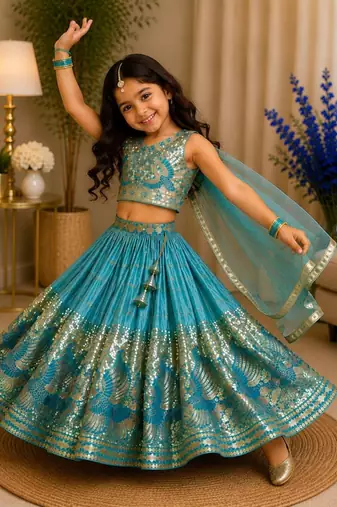 Kids Sky Sindoor Embroidered Lehenga Choli with Dupatta