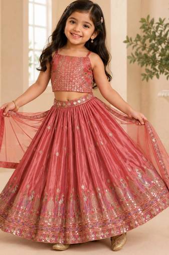 Kids Gajri Chinon Lehenga Choli Dupatta Embroidery Work