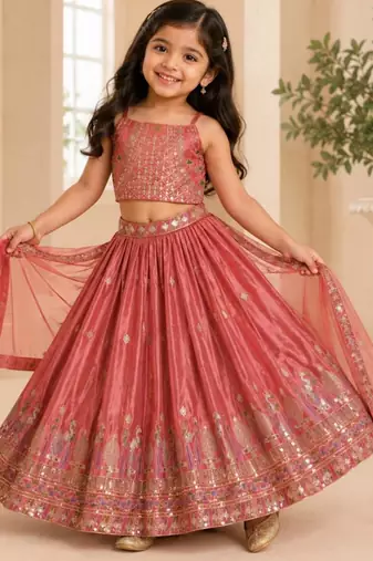 Kids Gajri Chinon Lehenga Choli Dupatta Embroidery Work