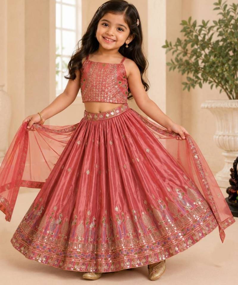 Kids Gajri Chinon Lehenga Choli Dupatta Embroidery Work