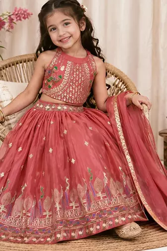 Kids Gajri Chinon Lehenga Choli Dupatta Embroidery Work
