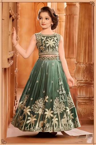 Kids Parrot Green Lehenga Choli Dupatta Embroidery Work