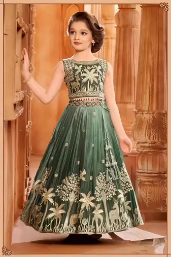 Kids Parrot Green Lehenga Choli Dupatta Embroidery Work