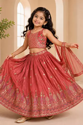 Kids Gajri Chinon Lehenga Choli Dupatta Embroidery Work