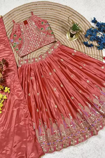 Kids Gajri Chinon Lehenga Choli Dupatta Embroidery Work