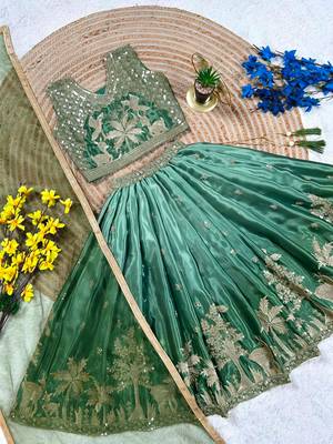 Kids Parrot Green Lehenga Choli Dupatta Embroidery Work 3