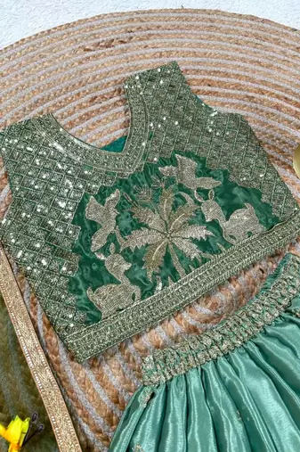Kids Parrot Green Lehenga Choli Dupatta Embroidery Work