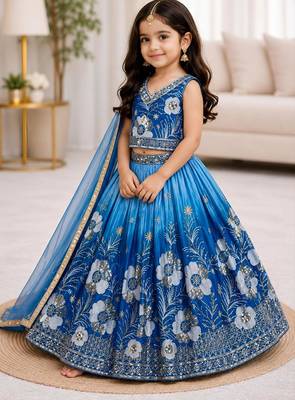 Kids Double Shading Sky Embroidered Lehenga Choli with Dupatta 1
