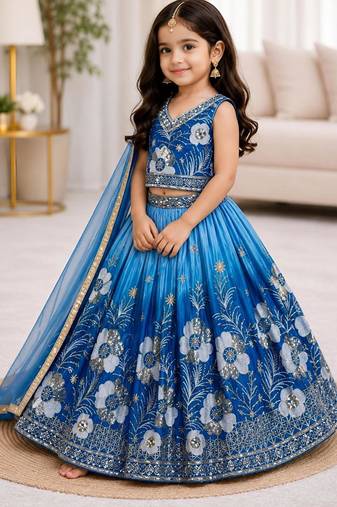 Kids Double Shading Sky Embroidered Lehenga Choli with Dupatta