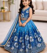 Kids Double Shading Sky Embroidered Lehenga Choli with Dupatta