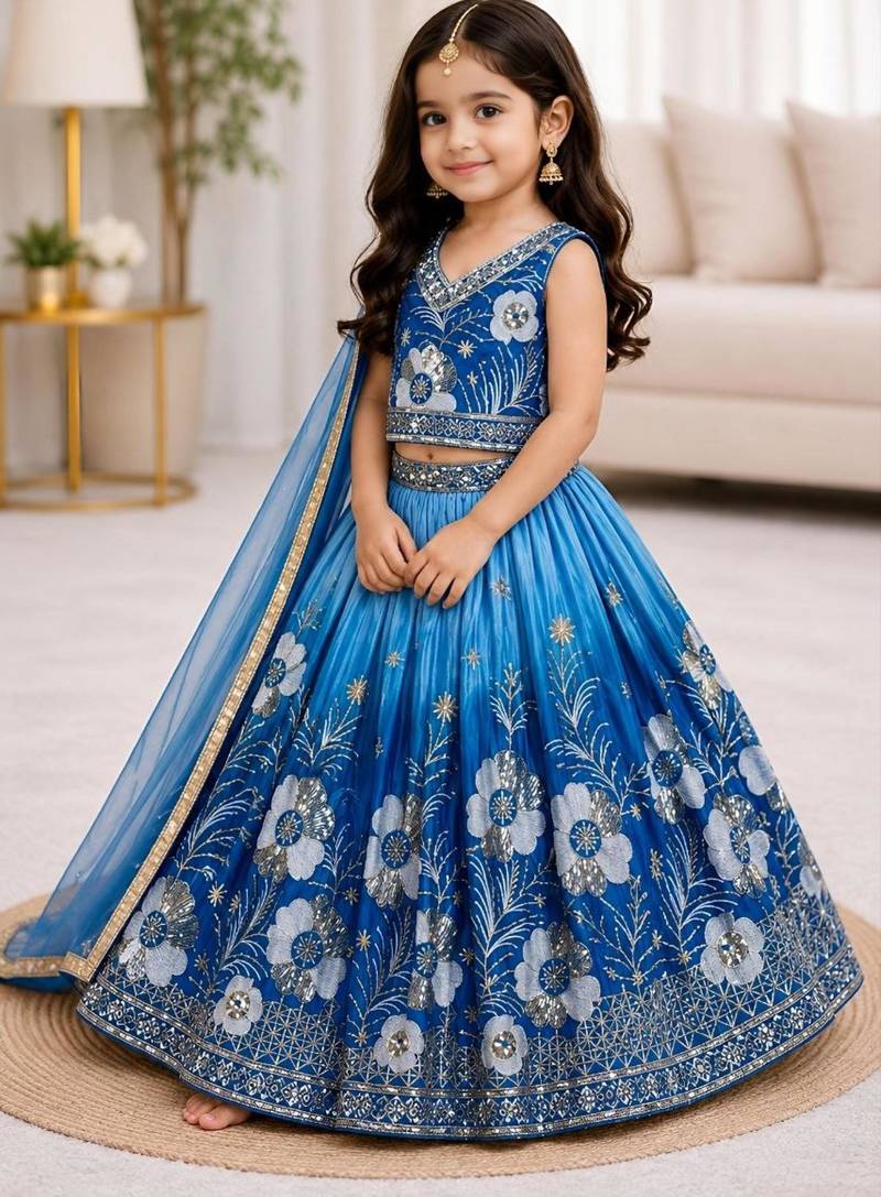 Kids Double Shading Sky Embroidered Lehenga Choli with Dupatta