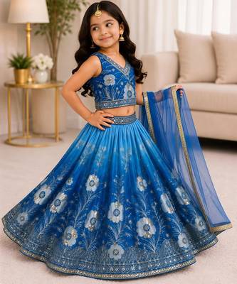 Kids Double Shading Sky Embroidered Lehenga Choli with Dupatta 2