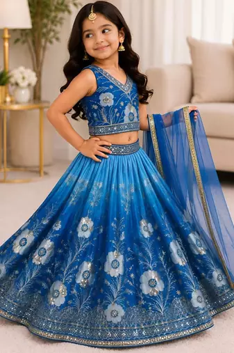 Kids Double Shading Sky Embroidered Lehenga Choli with Dupatta