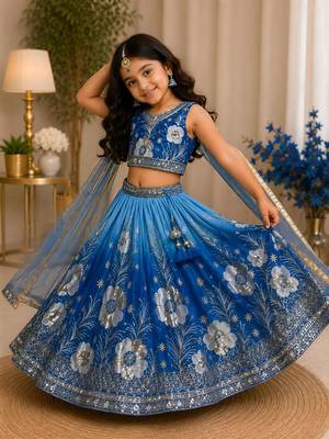 Kids Double Shading Sky Embroidered Lehenga Choli with Dupatta 3