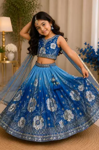 Kids Double Shading Sky Embroidered Lehenga Choli with Dupatta