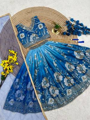Kids Double Shading Sky Embroidered Lehenga Choli with Dupatta 4