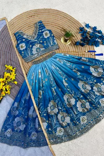 Kids Double Shading Sky Embroidered Lehenga Choli with Dupatta