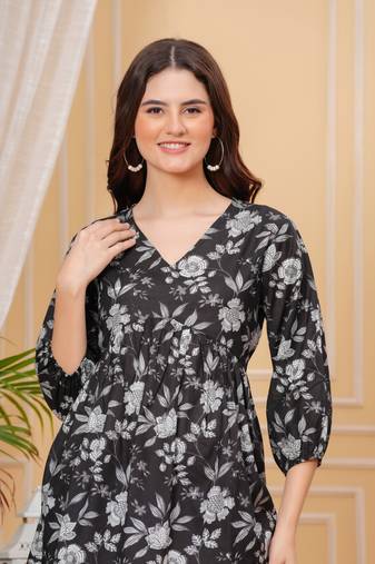 Black floral printed cotton tunic short kurti top for women
