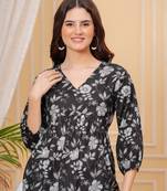 Black floral printed cotton tunic short kurti top for women