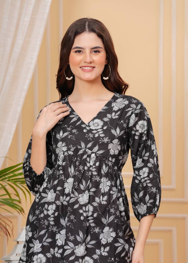 Black floral printed cotton tunic short kurti top for women