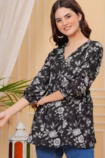 Black floral printed cotton tunic short kurti top for women