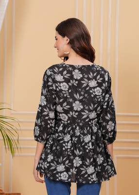 Black floral printed cotton tunic short kurti top for women 4