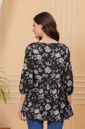 Black floral printed cotton tunic short kurti top for women
