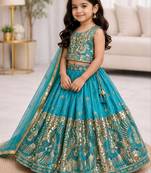Kids Blue Fendi Embroidered Lehenga Choli with Dupatta
