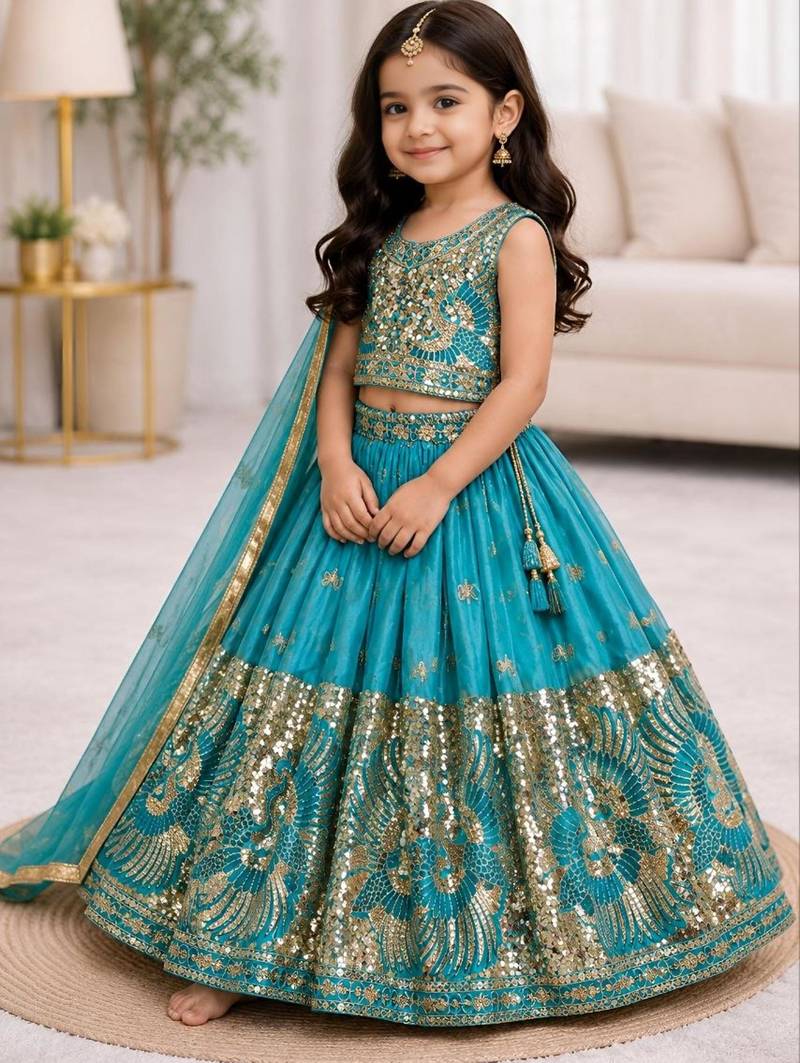 Kids Blue Fendi Embroidered Lehenga Choli with Dupatta