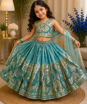 Kids Blue Fendi Embroidered Lehenga Choli with Dupatta 2