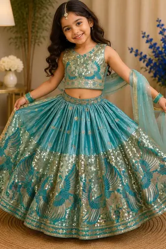 Kids Blue Fendi Embroidered Lehenga Choli with Dupatta