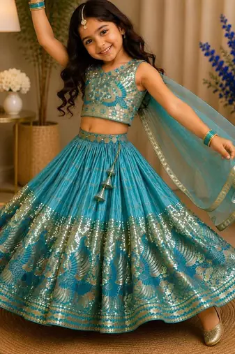 Kids Blue Fendi Embroidered Lehenga Choli with Dupatta
